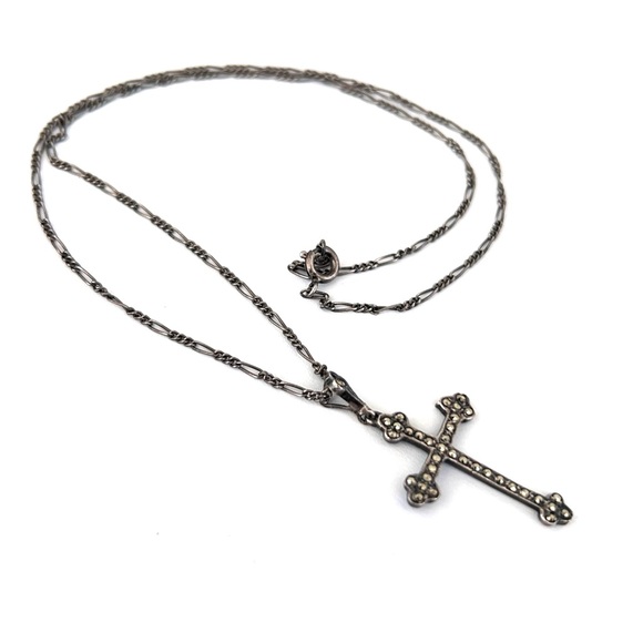 Sterling Silver Budded Cross With Marcasites and 16” Chain Necklace - Picture 9 of 12